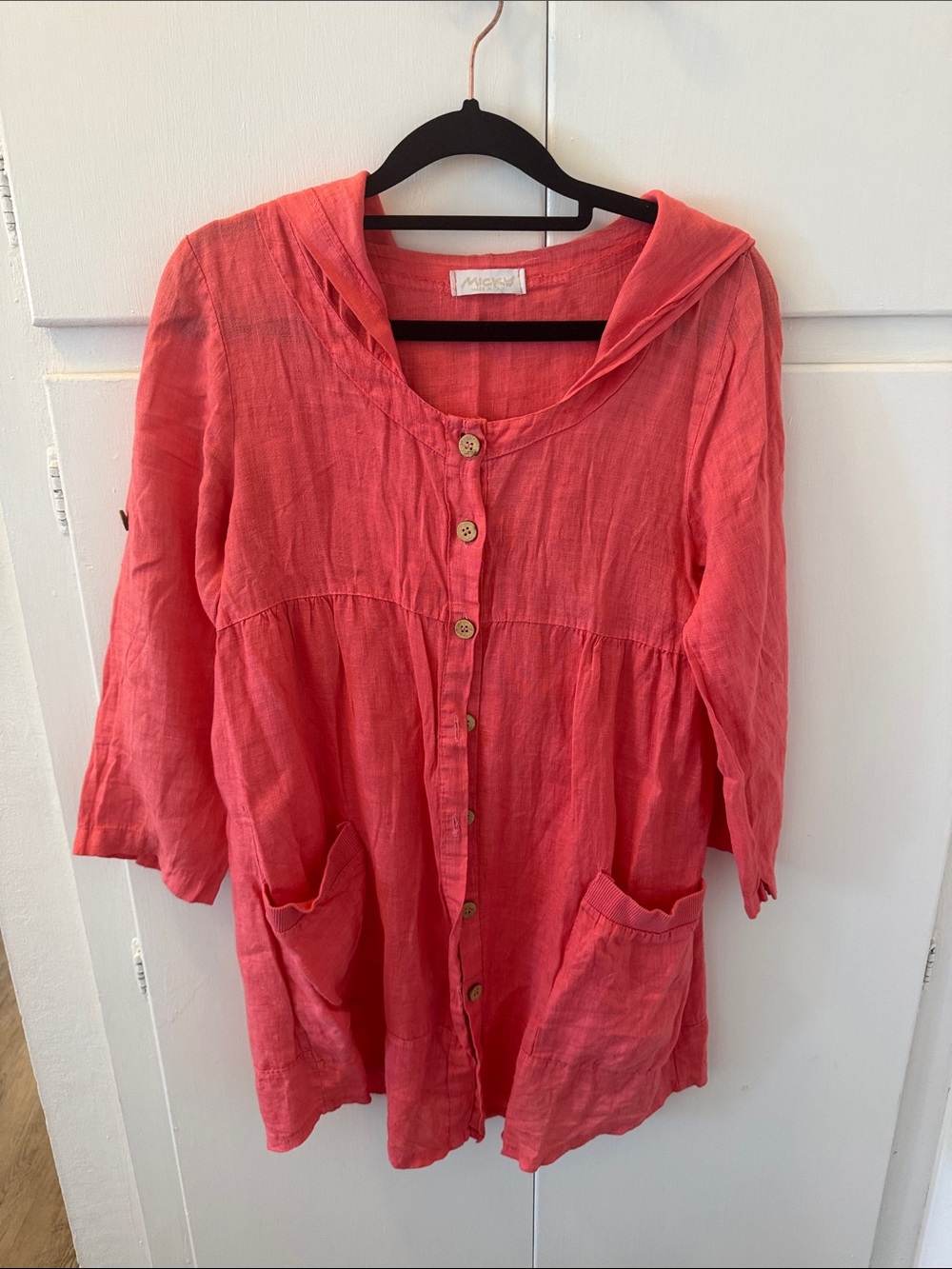 Coral Button-Front Hooded Linen Tunic